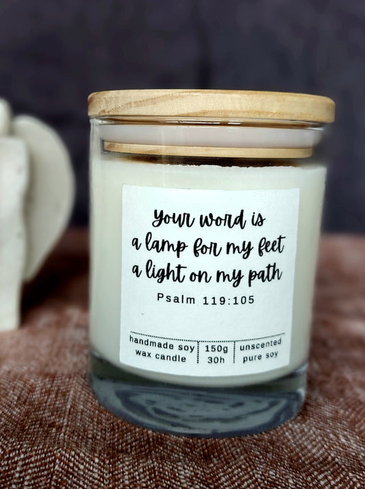 Bible Verse Candle Jar, "Your Word is a lamp for my feet, a light on my path" ( Psalm 119:105)