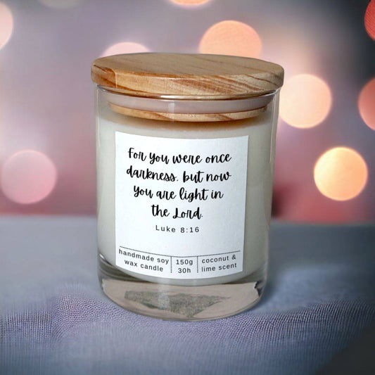 Bible Verse Candle Jar, "For you were once darkness, but now you are light in the Lord." Luke 8:16