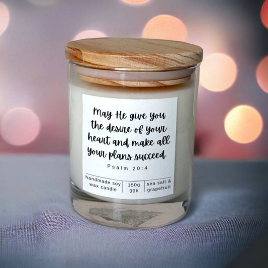 Bible Verse Candle Jar, "May he give you the desire of your heart and make all your plans succeed." Psalm 20:4