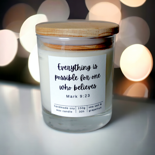 Bible Verse Candle Jar, "Everything is possible for one who believes" (Mark 9:23)